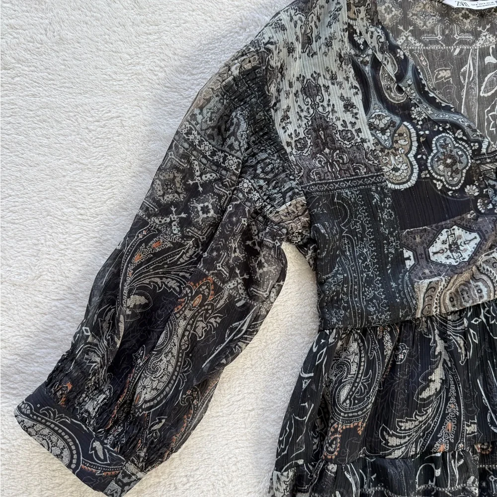 ZARA Boho Paisley Tiered Mini Dress Size M Sheer Long Sleeve Babydoll Tunic - Picture 4 of 16